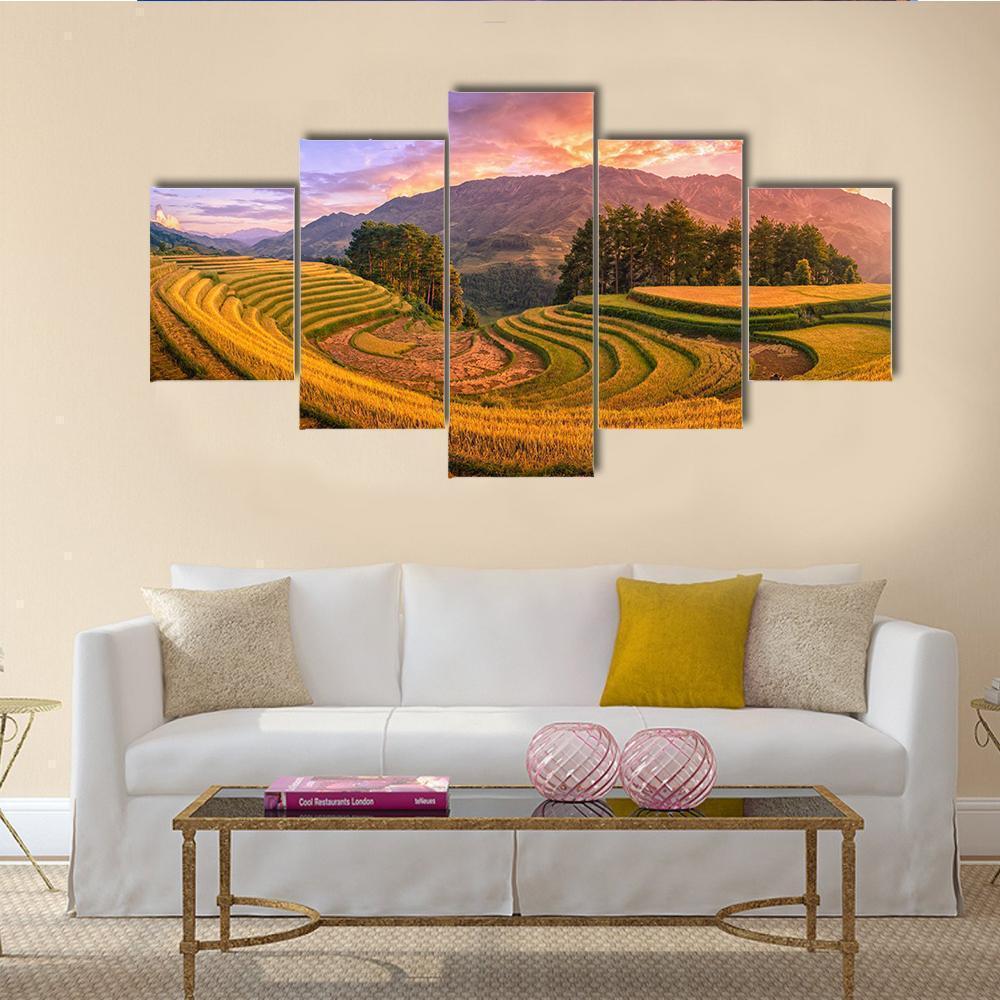Rice Fields On Terraced With Pine Tree At Sunset Nature Canvas Wall Art