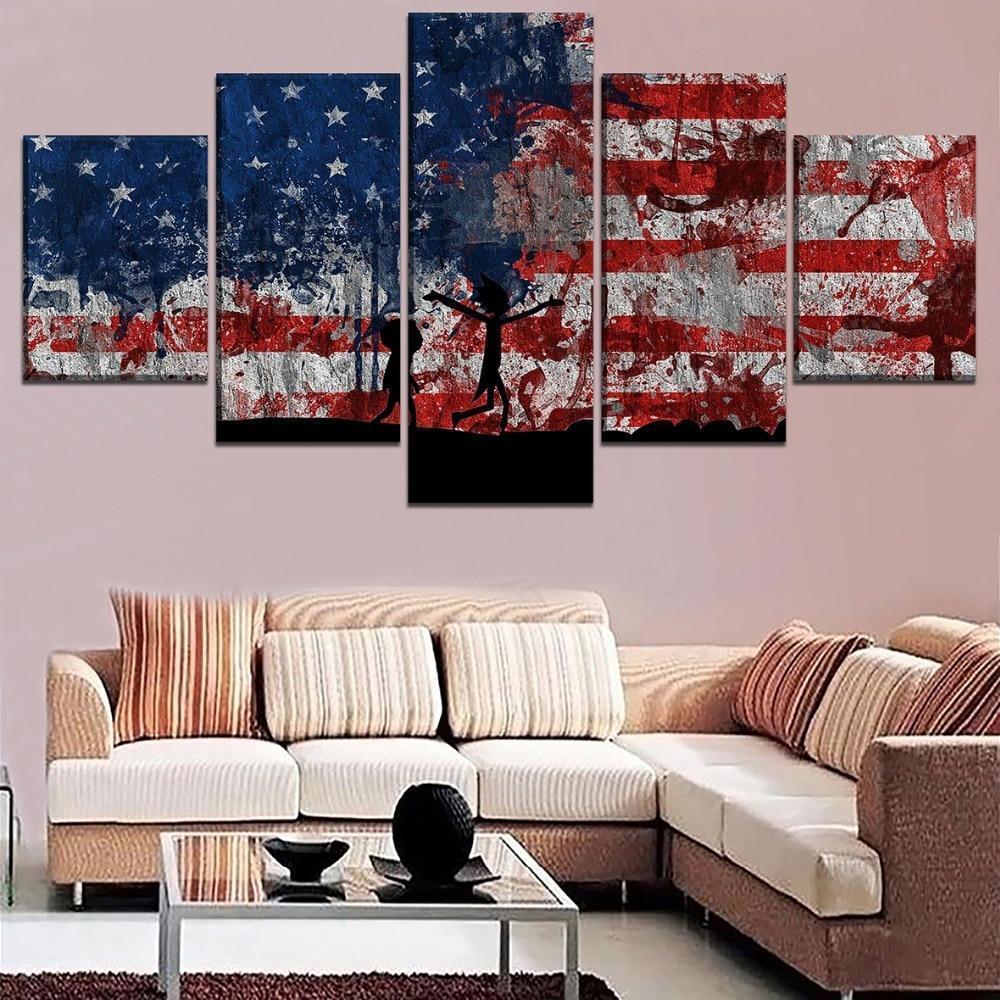 Rick And Morty American Flag Cartoon Canvas Wall Art