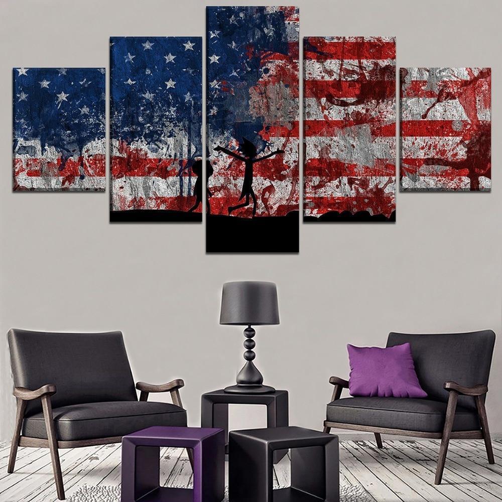 Rick And Morty American Flag Cartoon Canvas Wall Art