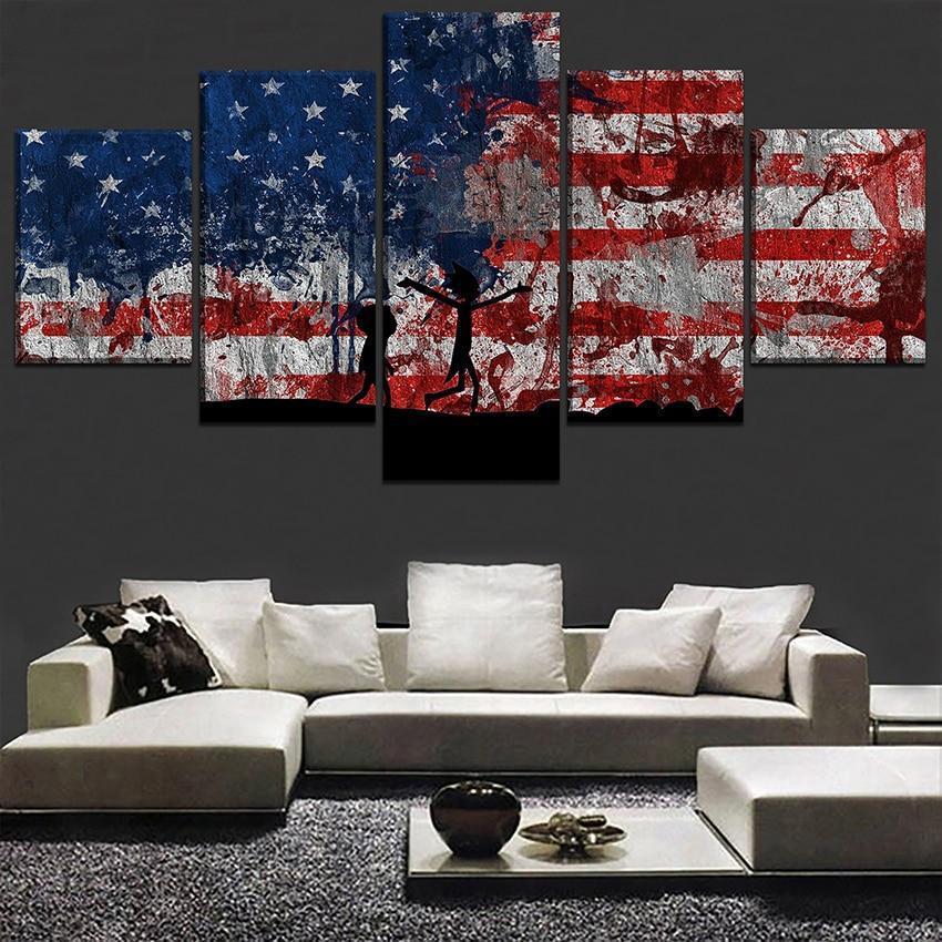 Rick And Morty American Flag Cartoon Canvas Wall Art