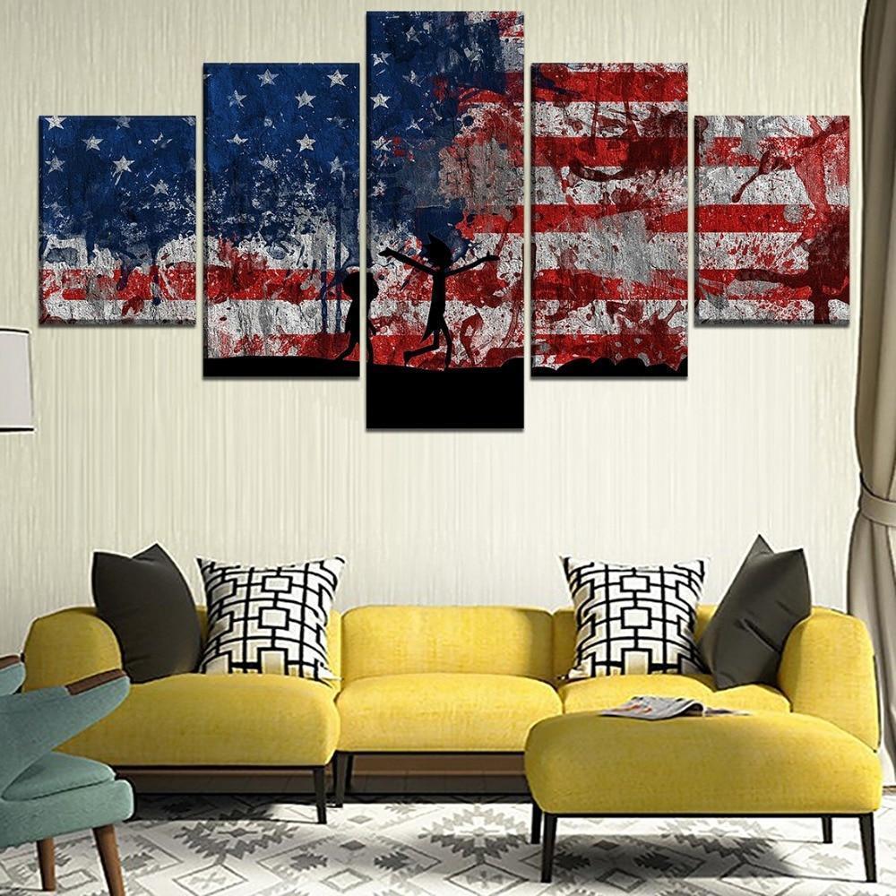 Rick And Morty American Flag Cartoon Canvas Wall Art