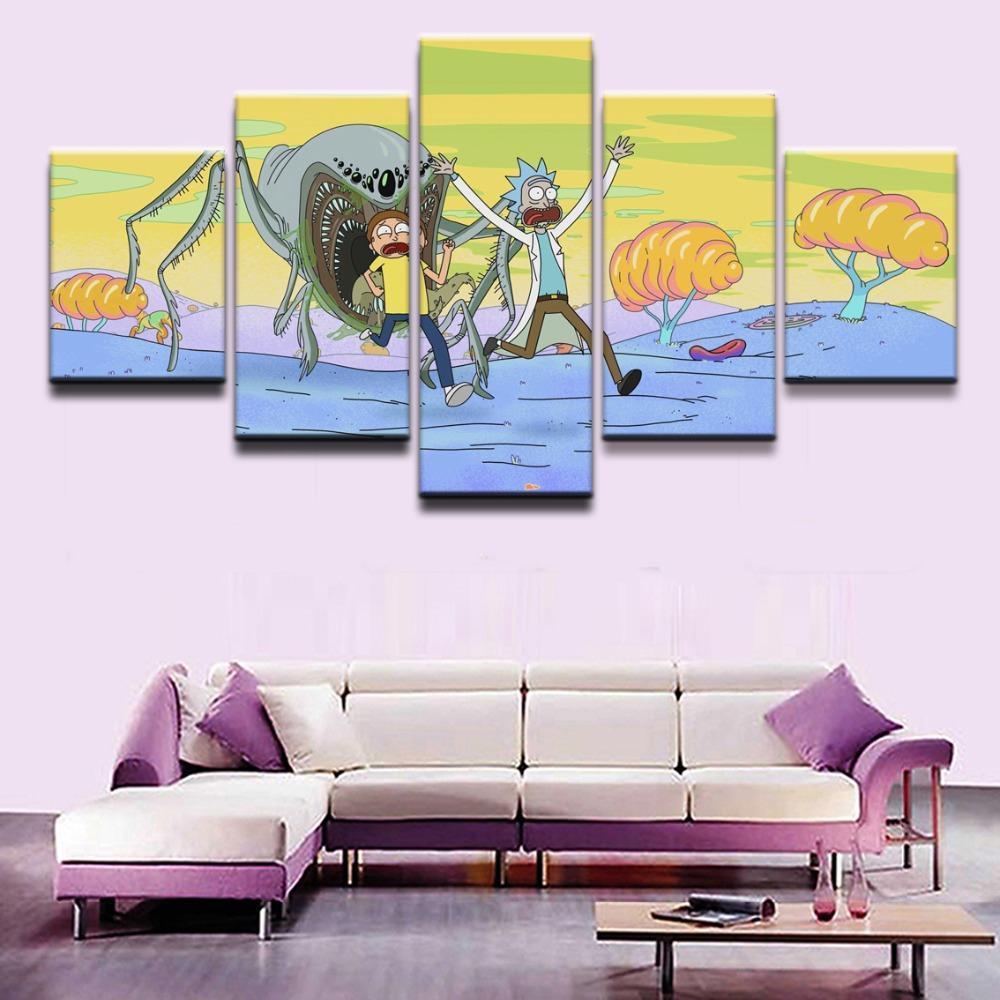 Rick And Morty Running From Giant Alien Beast Cartoon Canvas Wall Art