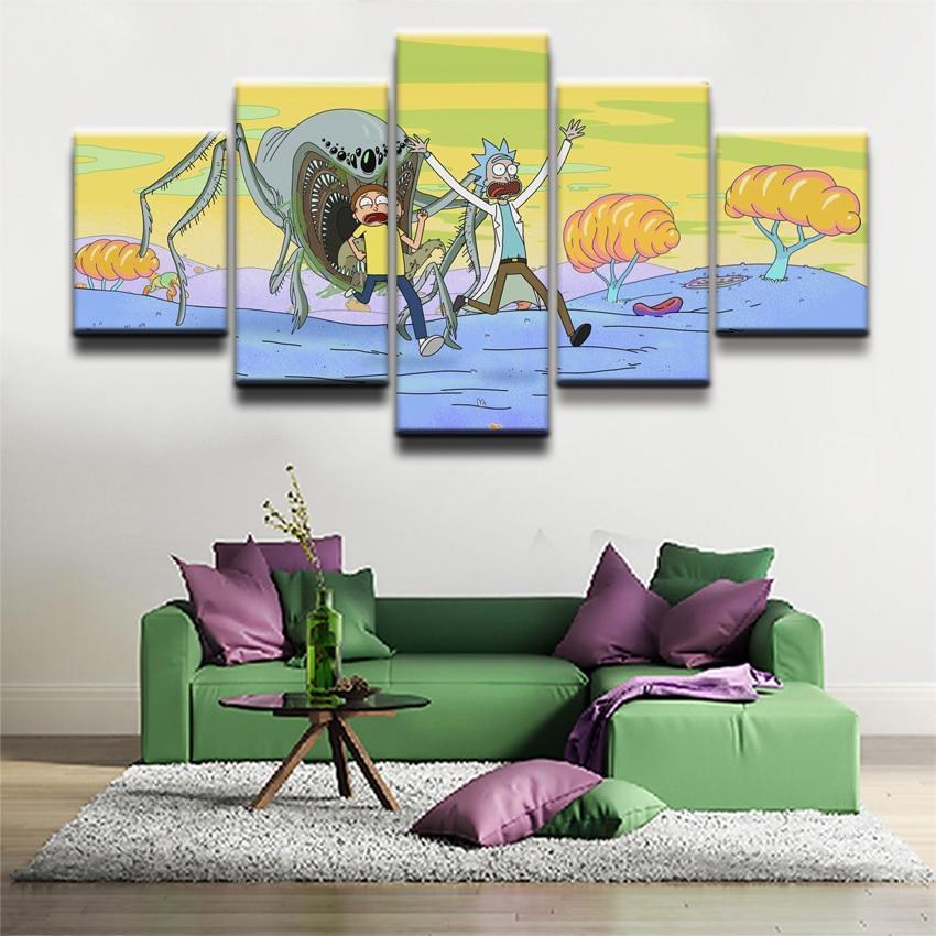 Rick And Morty Running From Giant Alien Beast Cartoon Canvas Wall Art