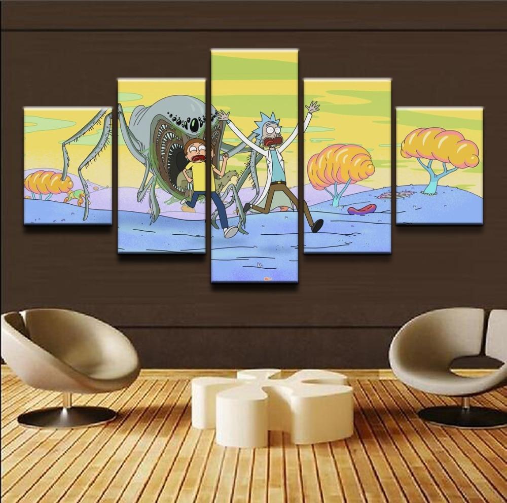 Rick And Morty Running From Giant Alien Beast Cartoon Canvas Wall Art